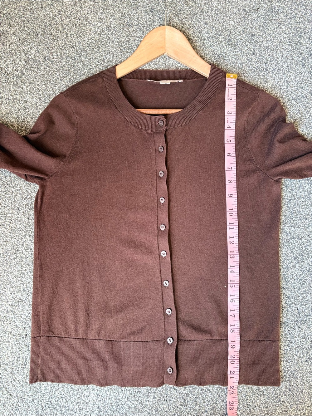 Loft Chocolate Brown Crewneck Cardigan Sweater Button Front 100% Cotton Medium - Picture 5 of 7